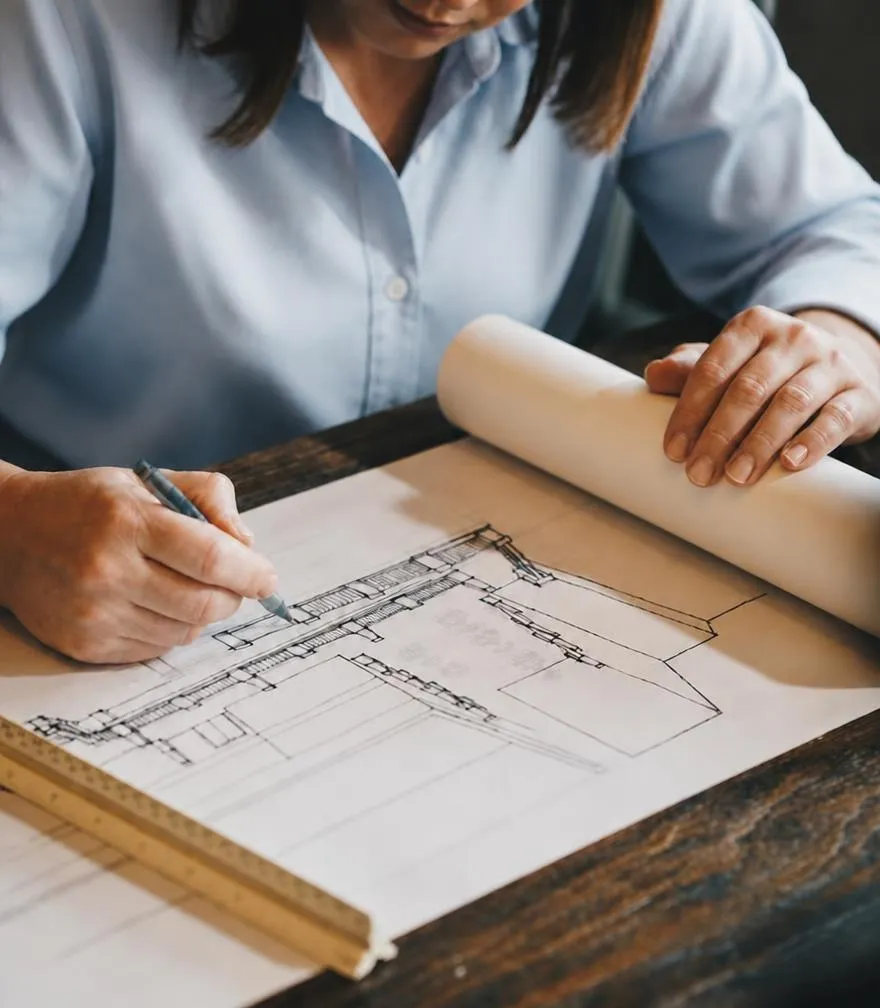 Mani che tracciano un disegno architettonico su un tavolo da lavoro